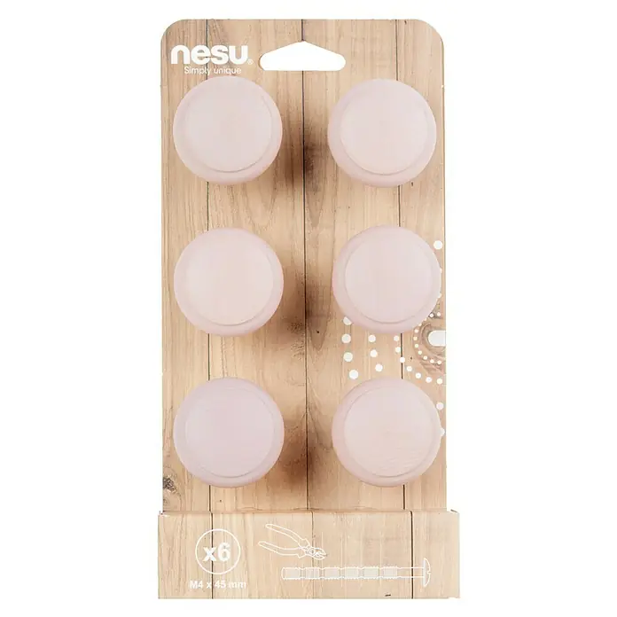 Nesu Pomo para muebles 403RS 6 uds. - 6 ud., Ø x Al: 40 x 33 mm, Madera - Primer plano de los pomos para muebles Nesú, paquete de 6, en rosa delicado. Ideal para personalizar muebles y cajones.