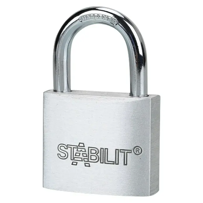 Stabilit Vorhängeschloss A40 - Breite: 40 mm, Bügelstärke: 6,3 mm - Ein silbernes Vorhängeschloss der Marke Stabilit, ideal für die sichere Verwahrung von Wertgegenständen und zur Absicherung verschiedener Bereiche.
