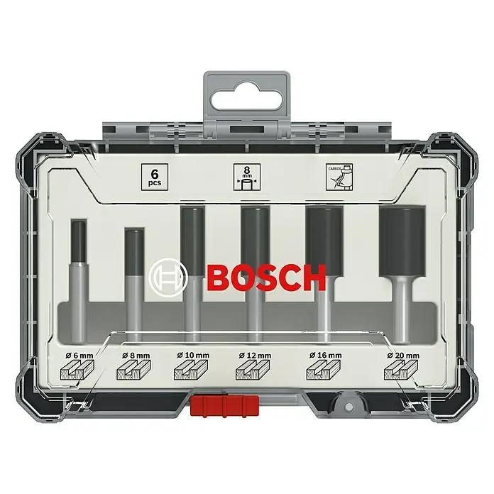 Bosch Fräser-Set Nut - Durchmesser Schaft: 8 mm, 6 -tlg. - Das Bild zeigt ein Bosch-Fräserset mit sechs verschiedenen Fräsern in einem transparenten Kunststoffkoffer.