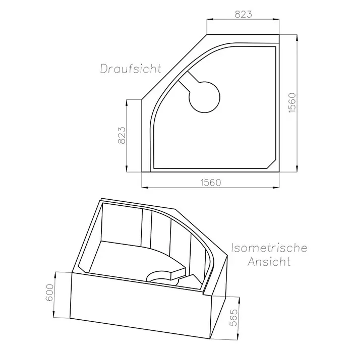 Ottofond Badewannenträger Largo - Passend für: Eckbadewanne Largo 150 x 150 cm - Technische Zeichnung einer Eckbadewanne mit Maßen in Draufsicht und isometrischer Ansicht.