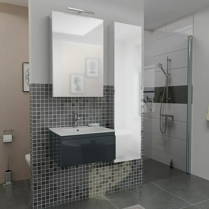 Camargue Espacio Badmöbel-Set i14 - 100 cm, Gama anthrazit glänzend - Ein modernes Badezimmer mit einem grauen Waschtischunterschrank, einem weißen Spiegelschrank und einer Duschkabine.
