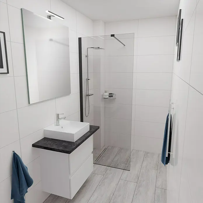 Camargue Espacio Waschtischunterschrank - 60 x 46 x 60 cm, 2 Schubkästen, Gama weiß matt - Helles Badezimmer mit modernem Waschtisch mit dunkler Arbeitsplatte und großem Spiegel. Eine elegante Duschkabine rundet das Design ab.