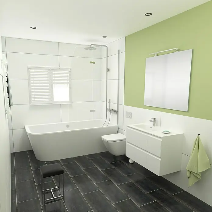 Camargue Espacio Badmöbel-Set i22 - 100 cm, Gama weiß matt - Modernes Badezimmer mit weißen Fliesen, Badewanne, Waschtisch mit Spiegel und dunklem Boden.