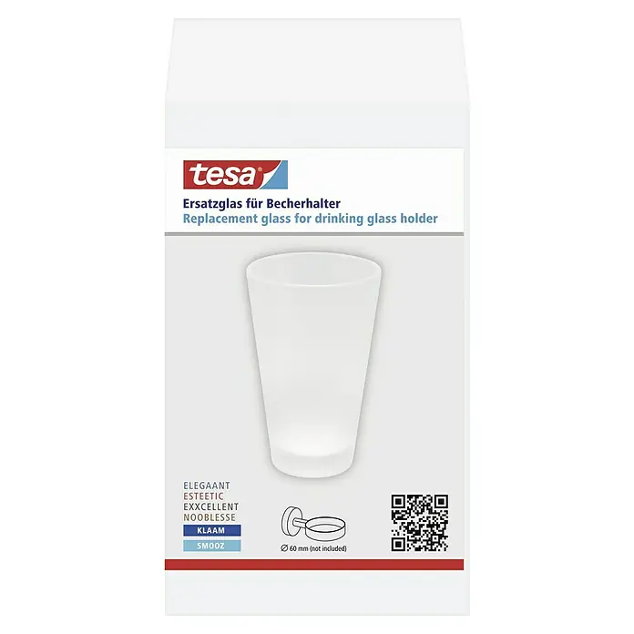 Tesa Ersatz-Zahnputzglas - Glas, Matt - Produktverpackung für ein Tesa Ersatzglas für Becherhalter, das Glas ist weiß und mattiert und wird ohne Halterung geliefert.