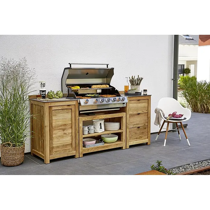 Sunfun Zoe Outdoorküchen-Modul Schubladenschrank - Braun, B x T x H: 58 x 63 x 92 cm, Teakholz - Außenküche mit Grill und Stauraum, ideal für Grillabende. Die Küche ist aus Holz gefertigt und bietet viel Platz für Zubehör.