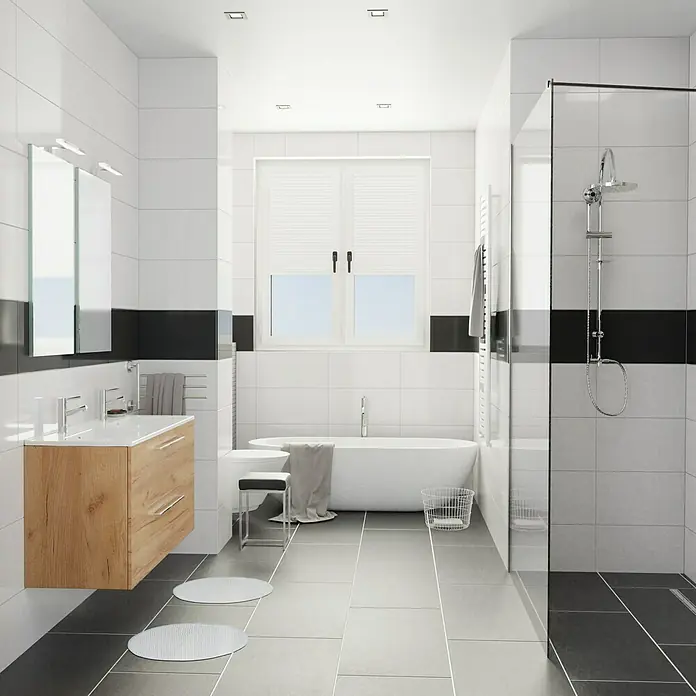Camargue Espacio Badmöbel-Set K6 - 120 cm, Doce - Ein stilvolles Badezimmer mit einer freistehenden Badewanne, einem modernen Waschtisch und einer begehbaren Dusche, die ein elegantes und funktionales Design bietet.