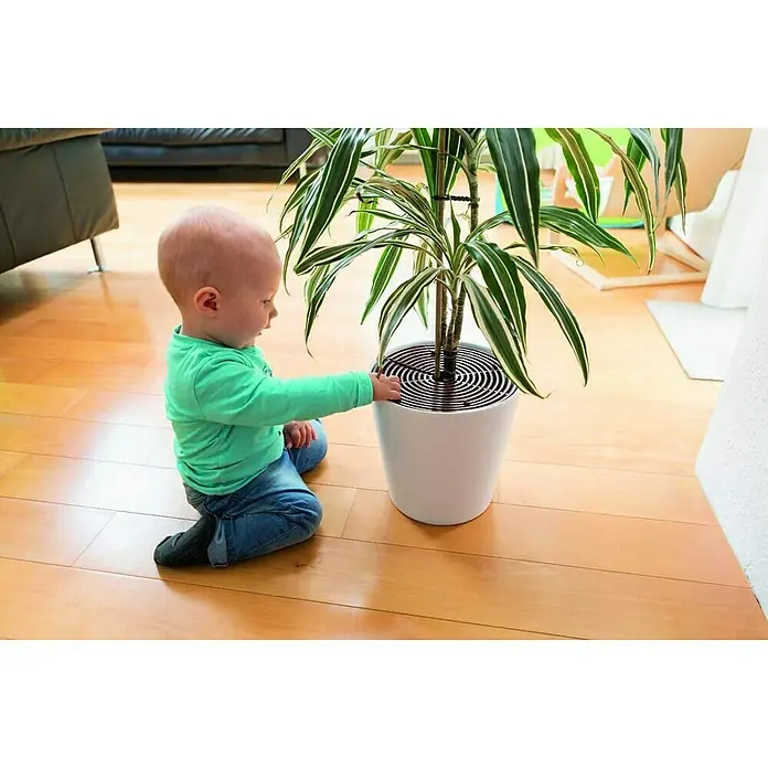 Abus Blumentopfgitter Noah - Durchmesser: 30 cm, 2 Stk. - Kind spielt mit einem Topfpflanzenschutzgitter. Es schützt Kinder und Haustiere davor, in die Blumenerde zu greifen und diese zu verschmutzen.