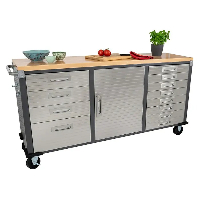 Werkstattwagen - L x B x H: 51 x 195 x 95 cm, Anzahl Schubladen: 12 Stk. - Kücheninsel mit Schubladen, Schrank und Rollen, ideal zum Zubereiten von Speisen und zur Aufbewahrung von Küchenutensilien.