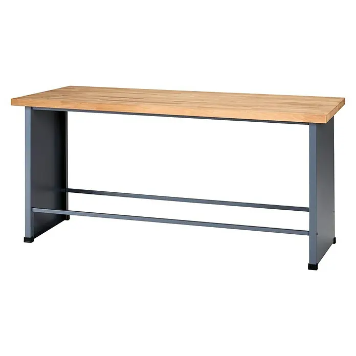 Küpper Profi Modul System Basismodul groß - L x B: 70 x 184 cm, Arbeitshöhe: 89 cm, Hammerschlag-Silber - Hier ist ein Bild von einem Stehtisch mit einer hellen Holztischplatte und einem grauen Untergestell mit zwei Verstrebungen.