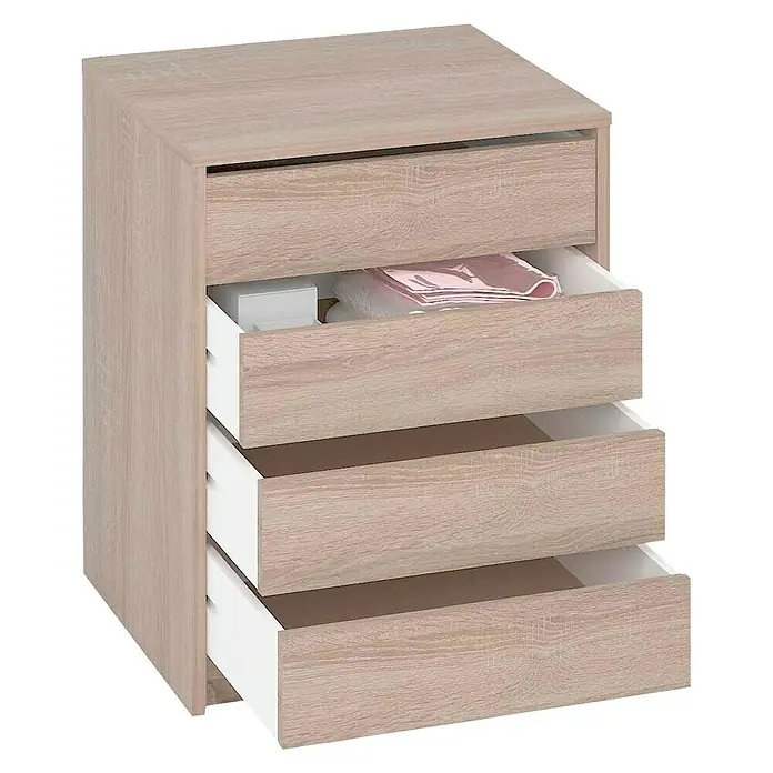 Meka Block Cajonera K-9463 - L x An x Al: 44 x 50 x 61,4 cm, Roble, Número de cajones: 4 ud. - Cómoda color madera con cuatro cajones, algunos abiertos y con objetos en su interior.