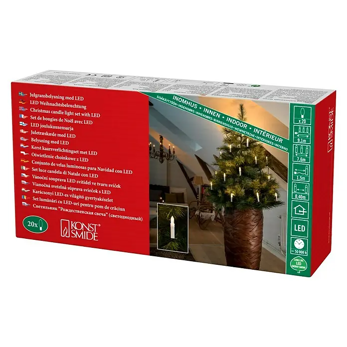 Konstsmide Baumkerzen-Set - Grün, LED - Produktverpackung für eine LED-Weihnachtsbaumkerzen-Lichterkette, ideal für stimmungsvolle Innenräume.