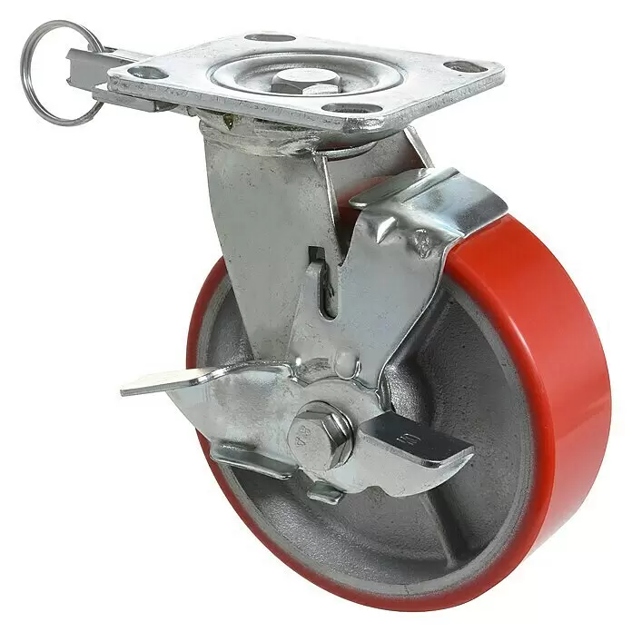 Wagner System Schwerlastrolle - Traglast: 400 kg, Silber - Rotes Polyurethan-Lenkrolle mit verzinktem Stahlgehäuse und Feststellbremse für Mobilität und Stabilität.