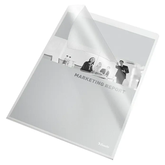 Esselte Sichthülle - B x H: 220 x 307 mm, 25 Stk. - Das Bild zeigt einen Esselte Präsentationsordner, in dem ein Marketingbericht mit einem Foto von einem Geschäftstreffen zu sehen ist.