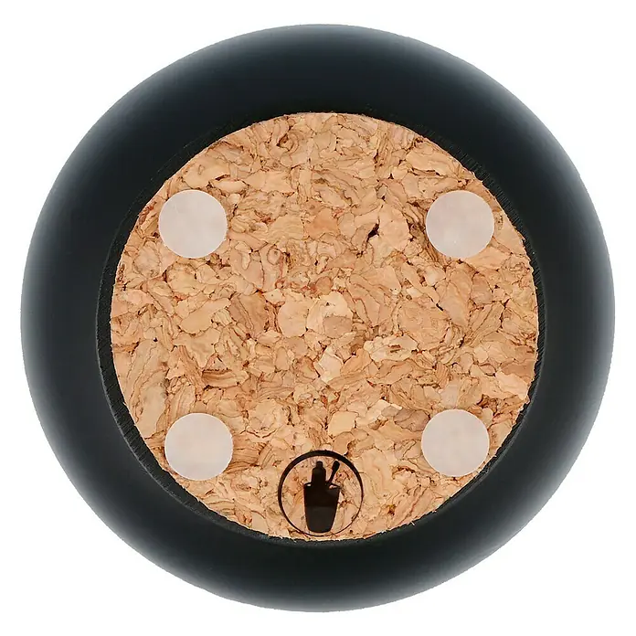 Venus Ivo Zahnputzbecher - Polyresin, Schwarz - Unterseite eines schwarzen Untersetzers mit Korkeinlage, vier weißen Füßen und einem Markenlogo in der Mitte.