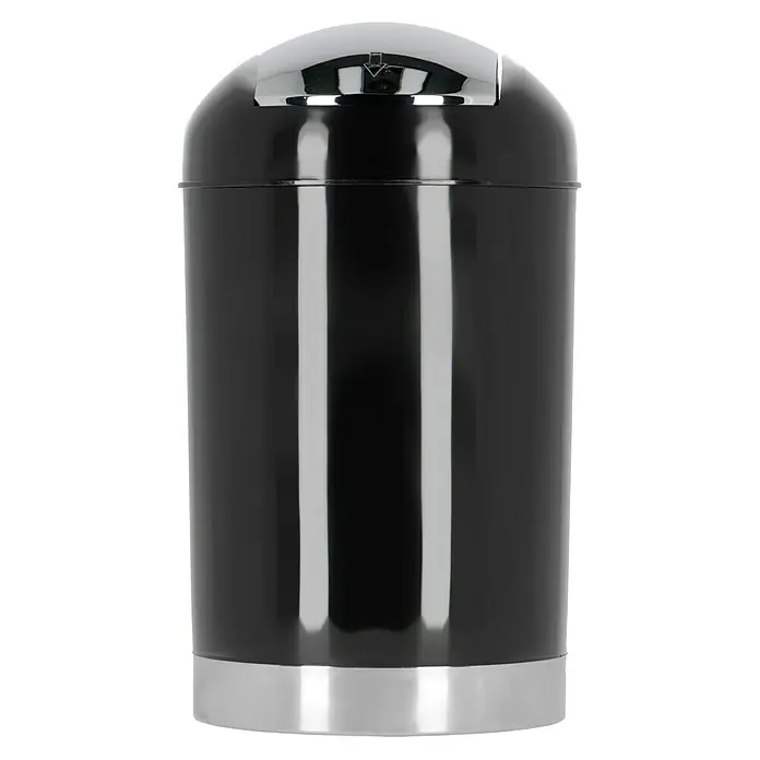 Venus Milano Badeimer - 5 l, Kunststoff, Schwarz - Ein eleganter, schwarzer Abfalleimer mit silbernen Akzenten, ideal für moderne Badezimmer oder Büros. Der Deckel ist mit einem dezenten Öffnungsmechanismus versehen.