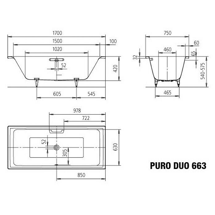 Kaldewei Badewanne Puro Duo 663 (170 x 63 cm, Stahl-Email, Alpinweiß)