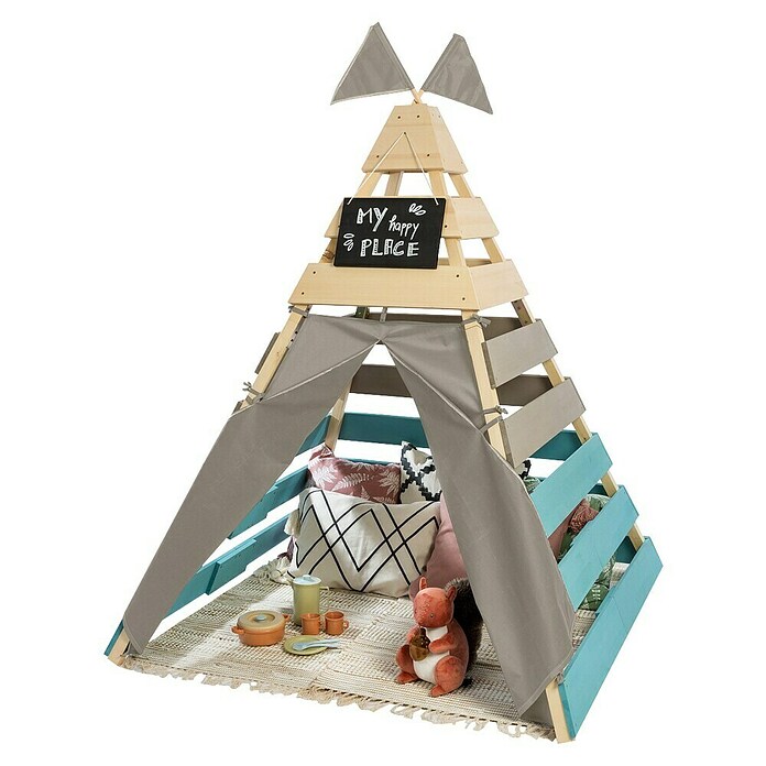 Muddy Buddy Tipi-Zelt (L x B: 135 x 135 cm, Holz, Natur/Warmgrau/Petrolblau)