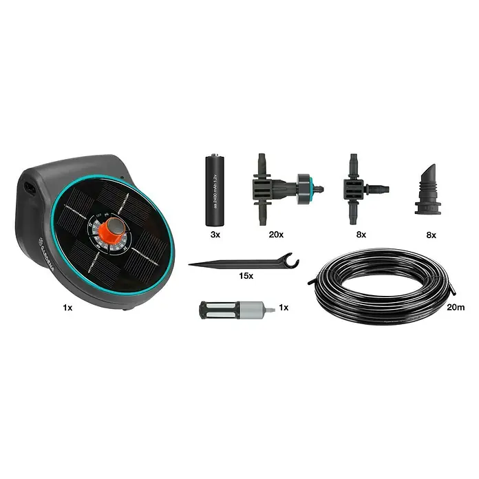 Gardena Bewässerungs-Set AquaBloom - Solarbetrieben - Gardena Urlaub AquaBloom Set mit Bewässerungssteuerung, Schläuchen und Zubehör für die optimale Pflanzenbewässerung während der Abwesenheit.