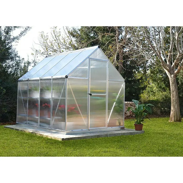 Palram – Canopia Invernadero Mythos - Medidas ext. (An x Pr): 185 x 247 cm, 4 mm, Plateado - Imagen de un invernadero con paredes transparentes y marco plateado, asentado sobre una losa de hormigón en medio de césped verde.