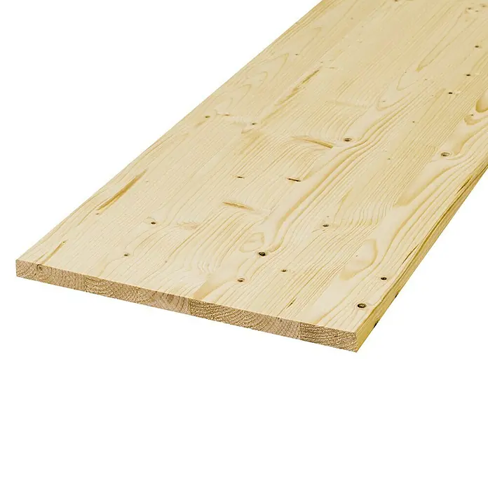 Exclusivholz Leimholzplatte - Fichte, Qualitätsstufe Leimholzplatte: A/B, 2.000 x 500 x 28 mm - Detailaufnahme eines hellen, unbehandelten Holzbretts mit sichtbarer Maserung und wenigen Astlöchern auf schwarzem Hintergrund.