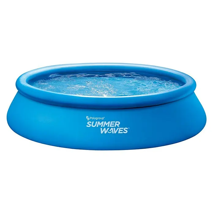 Quick-Up-Pool Summer WavesØ x H: 396 x 84 cm, Blau, 7.147 l - Abgebildetes Produkt: Ein runder, blauer Summer Waves Pool mit Wasser, ideal für sommerlichen Badespaß im eigenen Garten.