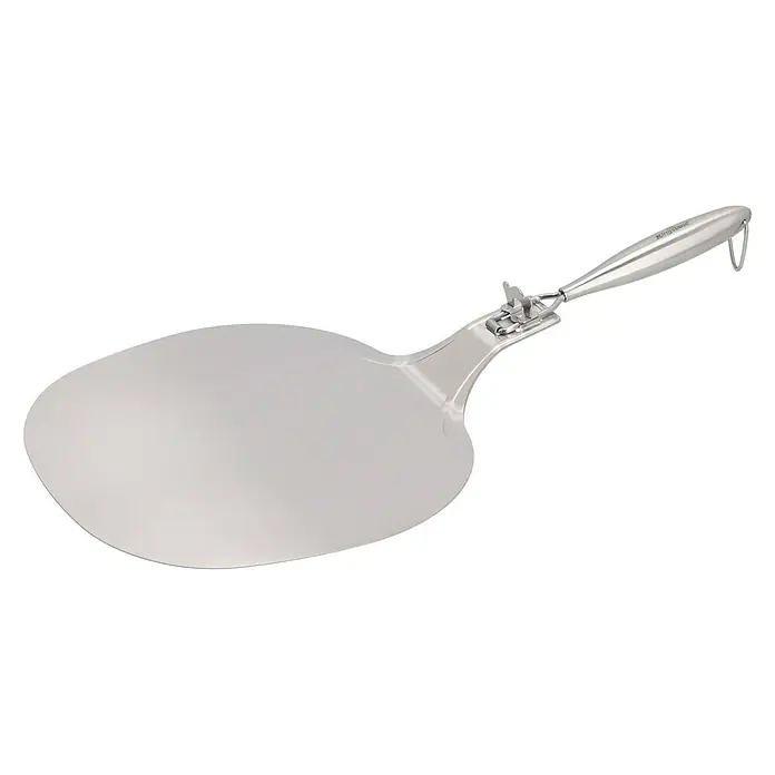 Kingstone Pizzaschaufel - Länge: 55,5 cm, Silber - Ein silberfarbener, runder Pizzaschieber mit klappbarem Griff auf schwarzem Hintergrund.