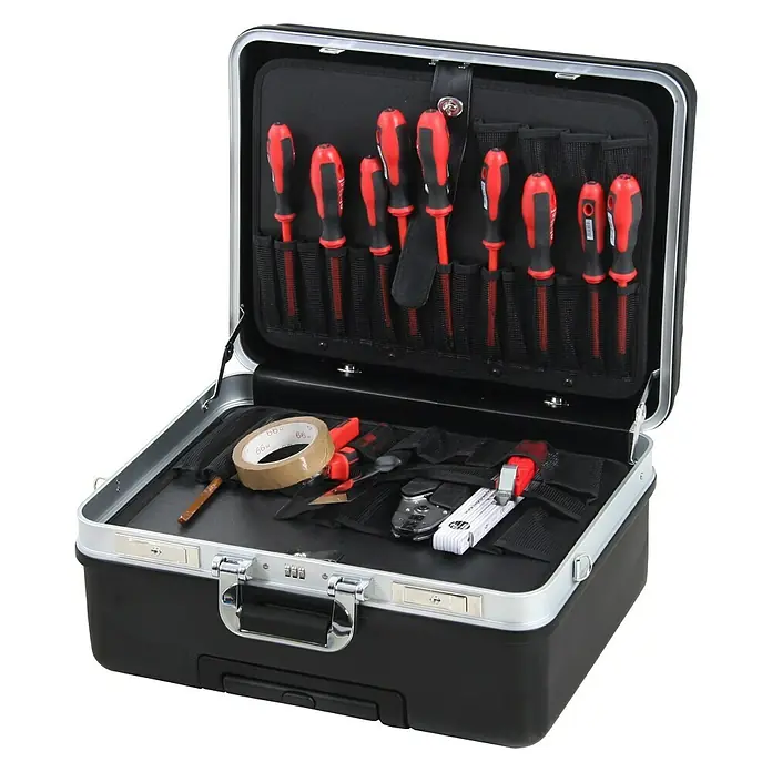 Werkzeugkoffer Basic 5970 - L x B x H: 430 x 510 x 240 mm - Offener Werkzeugkoffer mit verschiedenen Werkzeugen wie Schraubendrehern, Zange und Klebeband für Handwerker und Heimwerker.
