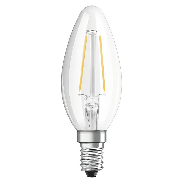 Osram Retrofit LED-Lampen-Set Kerzeform E14 klar - E14, Nicht Dimmbar, Warmweiß, 250 lm, 2,5 W - Nahaufnahme einer klaren LED-Filament-Glühbirne im Kerzenstil mit einem silbernen Sockel und vertikalen Glühfäden.