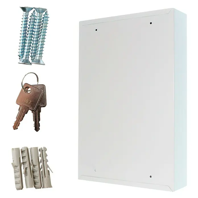 Rottner Schlüsselkasten S 64 - Geeignet für: 64 Schlüssel, L x B x H: 8 x 30 x 45 cm, Zylinderschloss - Weißer Schlüsselsafe mit Schlüssel, Schrauben und Dübeln für die Wandmontage. Das ideale Zubehör für die sichere Schlüsselaufbewahrung.