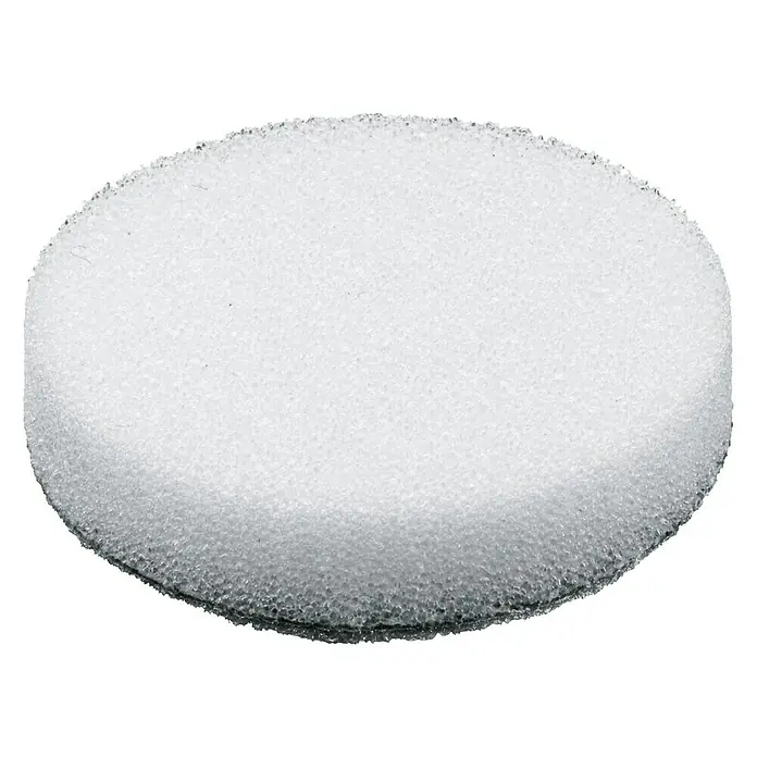 Bosch Polierschwamm - Durchmesser: 40 mm, 6 Stk., Bosch Akku-Schleifer Easy Curv Sander 12 - Detailaufnahme eines runden, weißen Schwammfilters mit einer feinen, porösen Struktur und einem dunklen Rand. Ideal für Aquarien oder andere Filteranwendungen.