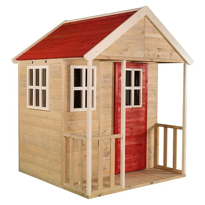 Wendi Toys Spielhaus Fuchs - L x B x H: 120 x 120 x 155 cm, Holz, Natur/Rot - Ein helles Holzspielhaus mit rotem Dach und Tür, ideal für fantasievolles Spielen im Freien, bietet Kindern einen sicheren und lustigen Raum.