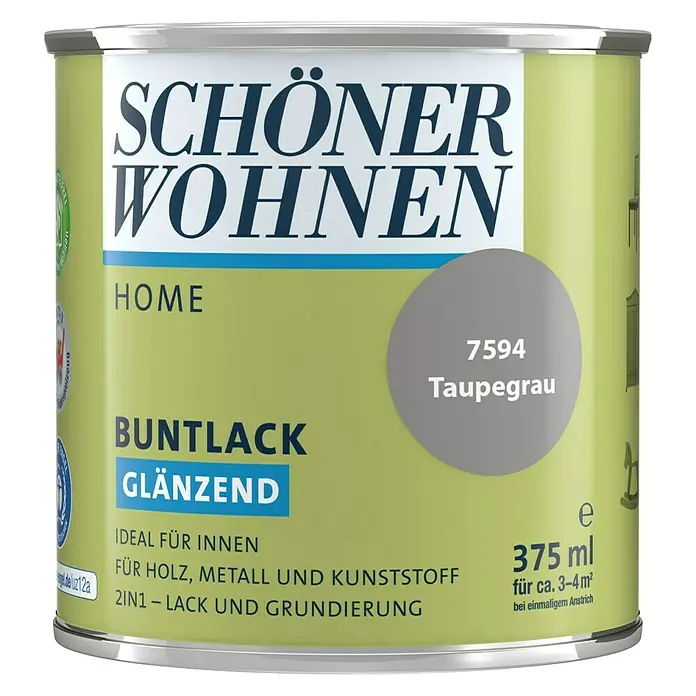 SCHÖNER WOHNEN-Farbe Home Buntlack - Taupegrau, Glänzend, 375 ml, Wasserbasiert - Dose "Schöner Wohnen Home Buntlack Glänzend" in der Farbe Taupegrau 7594, 375ml, für Holz, Metall und Kunststoff im Innenbereich.