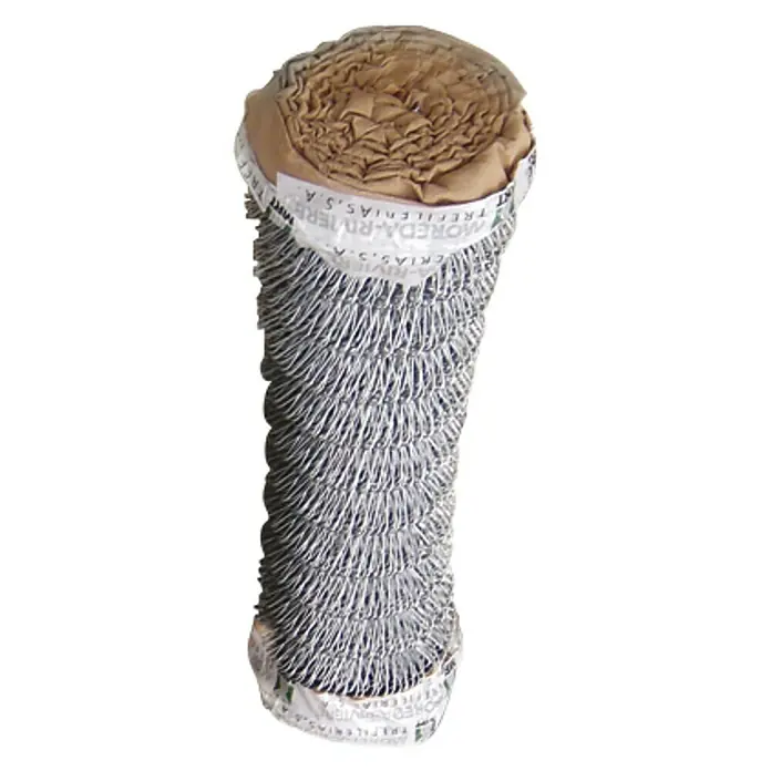 Malla metálica Simple Torsión - L x Al: 25 x 2 m, Espesor de material: 2 mm, Alambre de acero, Efecto aluminio - Primer plano de un rollo de valla de tela metálica, envuelto con cinta de papel, ideal para jardinería y seguridad.