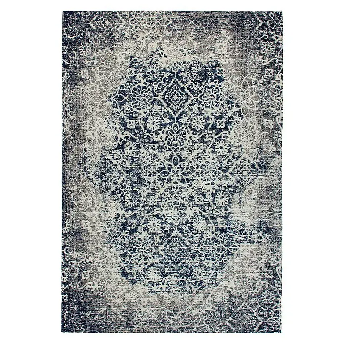 Kayoom Flachgewebeteppich River 140 - Multi, 150 x 80 cm, 70 % Baumwolle, 30 % Polyester - Eleganter Teppich mit blau-grauem orientalischem Muster, ideal für Wohnzimmer und Schlafzimmer. Dekoratives Design für ein stilvolles Ambiente.