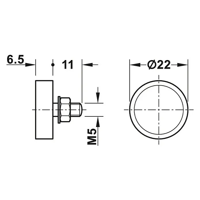 Suki Cierre magnético - Fuerza de adherencia: 3 kg, M 5 - Un dibujo técnico de una fijación con medidas de 6,5, 11, M5 y un diámetro de 22.