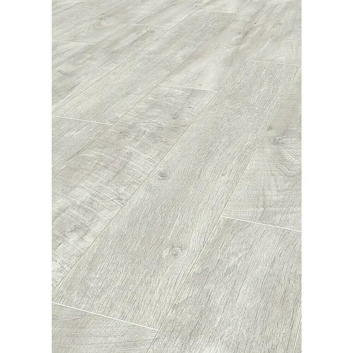 LOGOCLIC Laminado Alabaster Barnwood - 1.285 x 192 x 10 mm, Roble gris claro, AC5 - Primer plano de un suelo laminado gris claro con veta de madera, ideal para espacios de vida modernos y renovaciones.\n