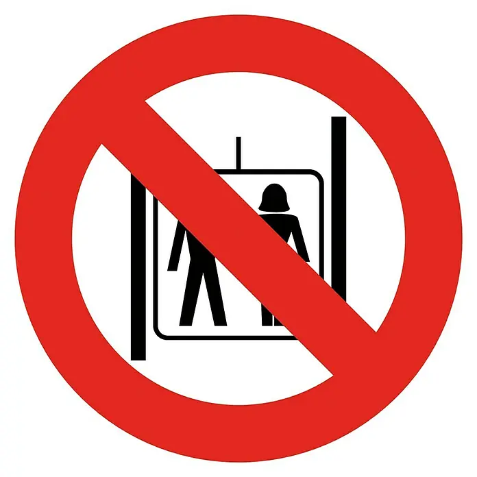 Cartel - Rojo/Blanco, Prohibido a personas - La señal roja de prohibición prohíbe el uso de un montacargas para personas, simbolizado por figuras estilizadas en un hueco de ascensor.