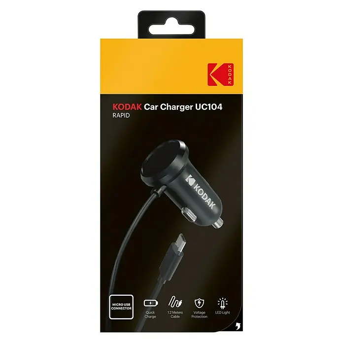Kodak Cargador rápido KODUC104 - 1 x Micro USB - Un cargador de coche negro Kodak UC104 en su embalaje, con conector USB, carga rápida, cable de 1,2 metros, protección de voltaje y luz LED.