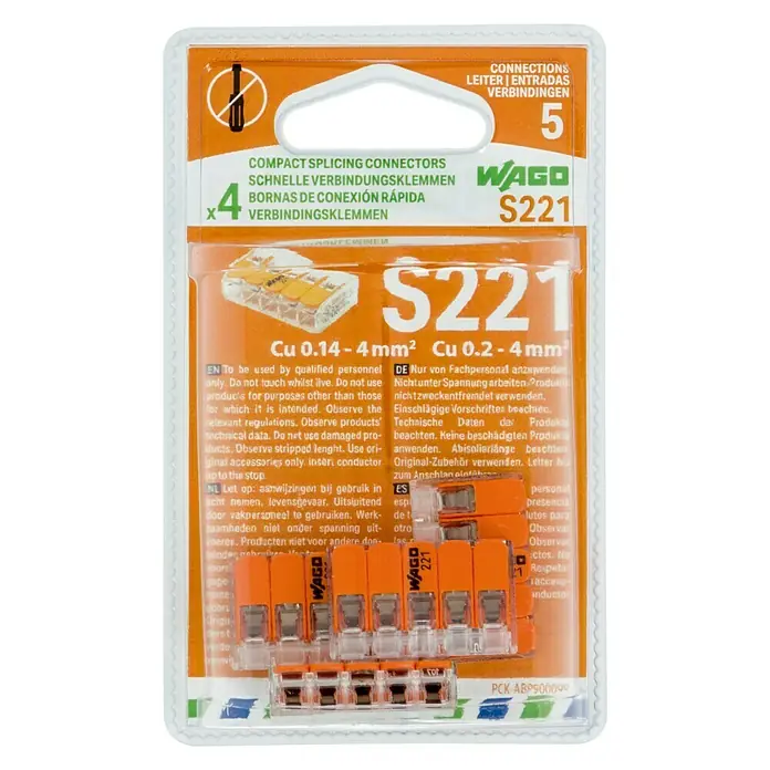 Wago Bloque de terminales Compacto - L x An x Al: 29,9 x 18,6 x 8,3 mm, Metal, 4 ud. - Paquete de conectores de empalme compactos Wago S221, perfecto para conexiones eléctricas rápidas y fiables.