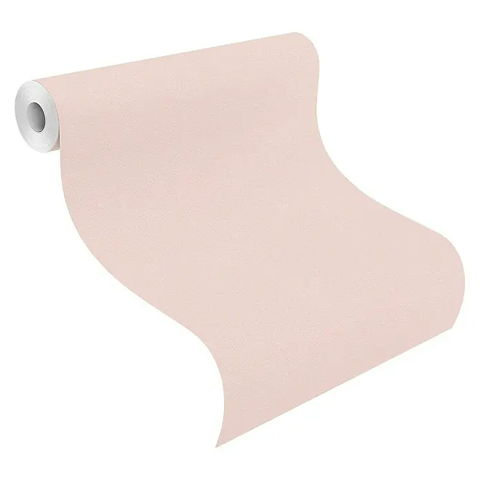 Rasch Vliestapete Flitter - Rosa, Uni, 10,05 x 0,53 m - Ein aufgerolltes, hellrosa farbenes Tapetenmuster, das seine zarte Textur und die elegante Farbwahl für die Raumgestaltung hervorhebt.