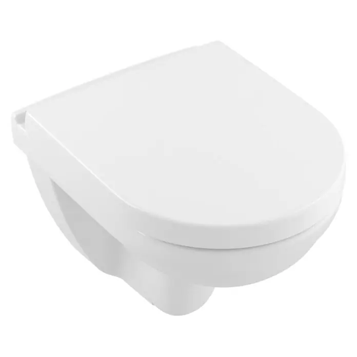 Villeroy & Boch O.novo Wand-WC Compact - Spülrandlos, Mit schmutzabweisender Glasur, Spülform: Tief, WC Abgang: Waagerecht, Weiß - Nahaufnahme einer wandhängenden weißen Toilette mit abgerundeten Formen und einem glatten, modernen Design.