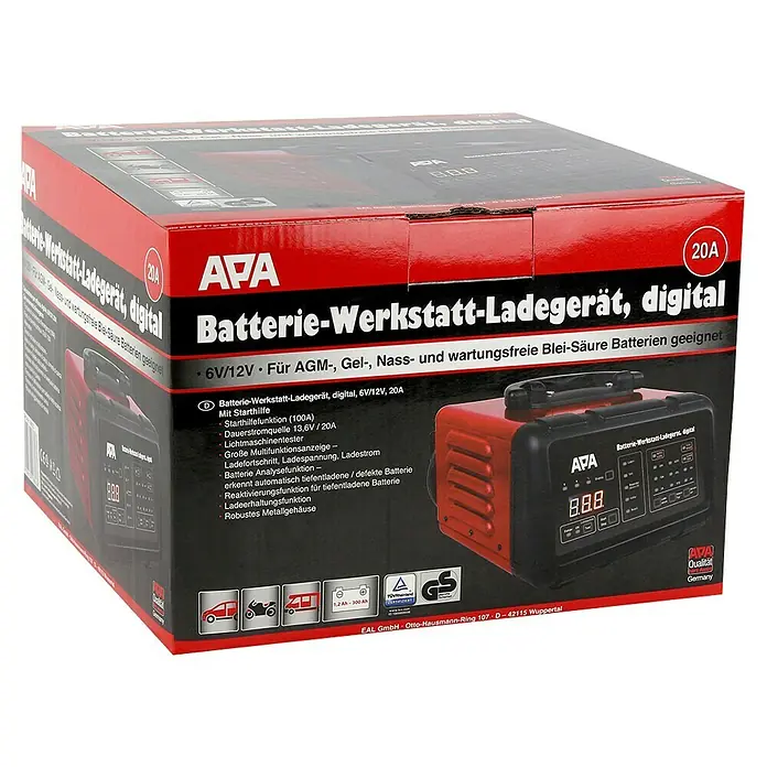 APA Batterie-Ladegerät mit Starthilfe - Ladestrom: 2 A - 20 A, Geeignet für: AGM-/Gel-/Nass-/Blei-Säure-Batterien 6/12 V - Produktverpackung: APA Batterie-Werkstatt-Ladegerät, digital, 6V/12V, 20A, geeignet für AGM-, Gel-, Nass- und wartungsfreie Blei-Säure Batterien.
