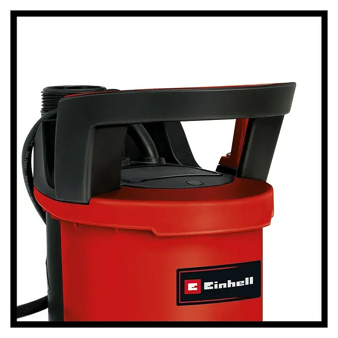 Einhell Schmutzwasserpumpe GE-DP 3925 ECO - 390 W, Max. Fördermenge: 10.000 l/h, Eintauchtiefe: 7 m - Abgebildete Einhell-Tauchpumpe. Sie präsentiert sich in Rot mit schwarzem Tragegriff, ideal zum Abpumpen von Wasser.
