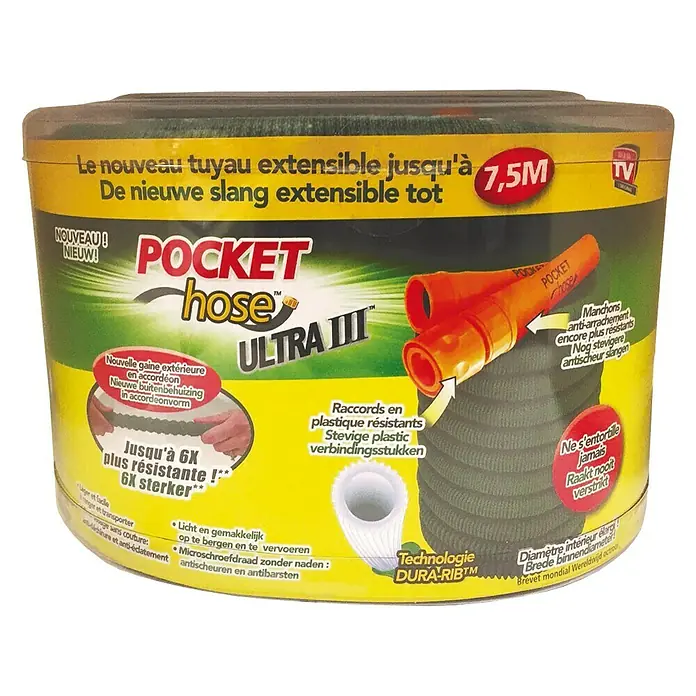 Manguera extensible Pocket house ultra - 30 m - Imagen del producto: Pocket Hose Ultra III, una manguera de jardín flexible que se extiende hasta 7,5 metros.\n