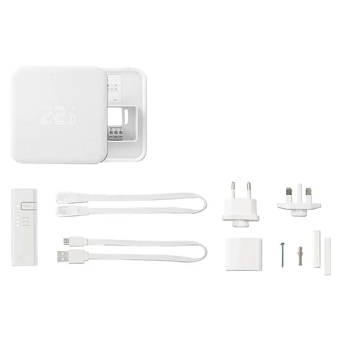 Tado Smartes Juego de termostato Starter Kit V3+BR - Puente de internet, Control inteligente: App Tado - Imagen de un kit de inicio de termostato inteligente tado con accesorios para el control inteligente de la calefacción.