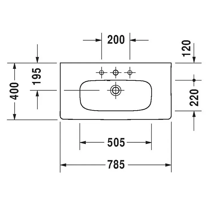 Duravit DuraStyle Waschtisch Typ 1 - 78,5 x 40 cm, Ohne Spezialglasur, Hahnloch: Mitte, Mit Überlauf, Weiß - Technische Zeichnung eines Waschbeckens mit Maßangaben zu Abmessungen und Positionierung.
