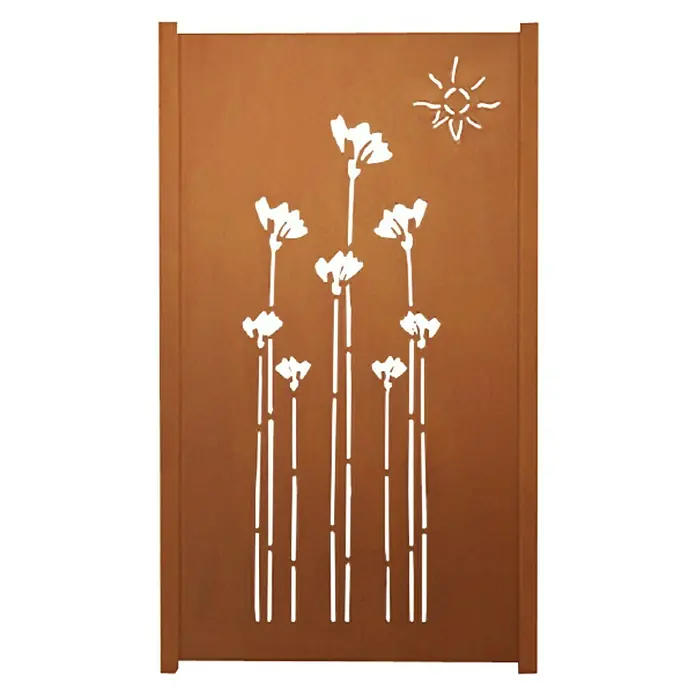 Jabo-Design Sichtschutzelement - 90 x 180 cm, Dekor Mohn, Edelrost - Dekorative Gartenwand aus Metall mit einem gestanzten Blumenmuster und einer Sonne, die Privatsphäre und ästhetische Aufwertung bietet.