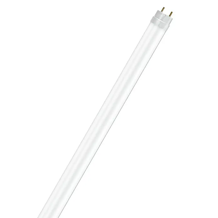 Osram SubstiTube Basic LED-Röhre T8 EM Motion Sensor - Länge: 151,3 cm, Kaltweiß, 19,3 W, 3.100 lm, G13 - Eine einzelne, weiße Leuchtstoffröhre, die diagonal vor einem schwarzen Hintergrund liegt und an einem Ende zwei Metallstifte aufweist.