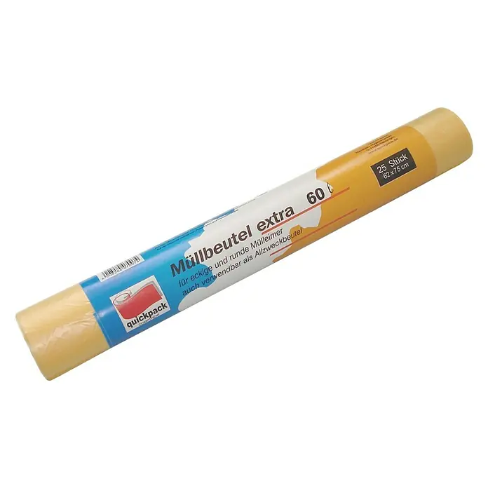 Quickpack Müllbeutel - Fassungsvermögen: 60 l, 25 Stk., Gelb - Bild einer Rolle Quickpack Müllbeutel Extra 60, gelb, für eckige und runde Mülleimer, auch als Allzweckbeutel verwendbar.