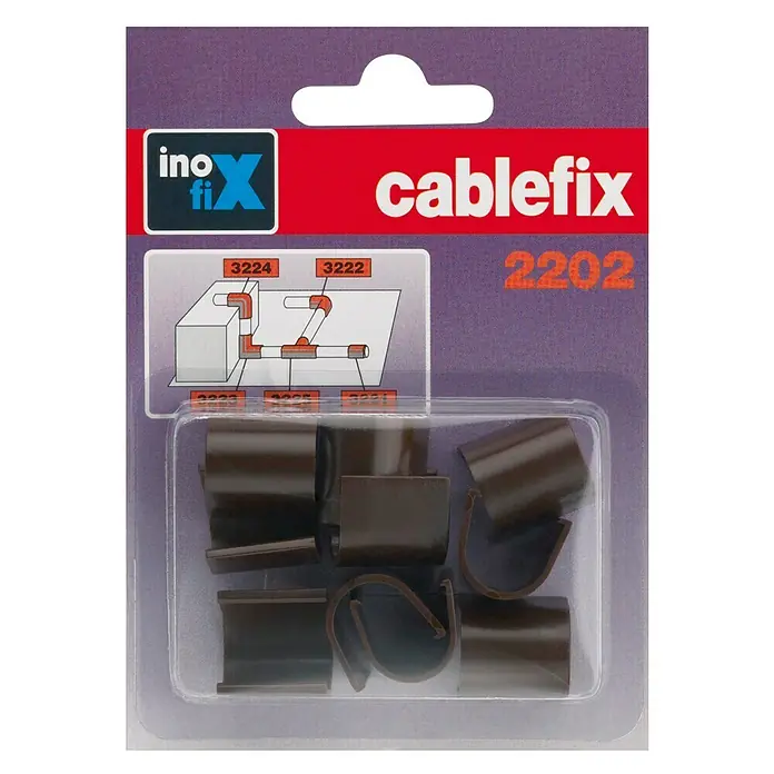 Inofix Cablefix Kit de accesorios para canaleta enlace 2202 - Marrón, An x Al: 1,1 x 1 cm, 10 ud. - Paquete de clips de cable marrones Cablefix 2202, perfectos para una gestión ordenada de los cables y su sujeción.